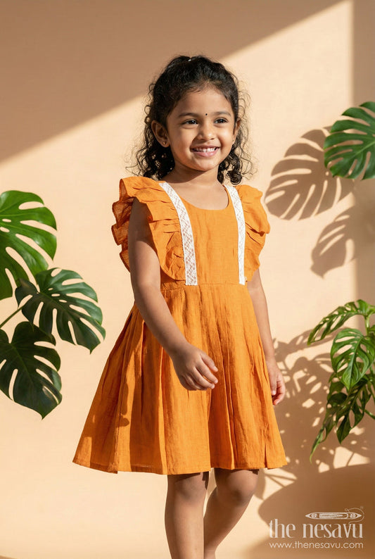 The Nesavu Girls Chanderi Frock Baby Girl Cotton Chanderi Frock for Cultural Days and Festive Dressing Nesavu 16 (1Y) / Orange / Chanderi GFC2062C-16 Nesavu cotton chanderi baby girl frock with pleats and embroidered lace for ethnic wear