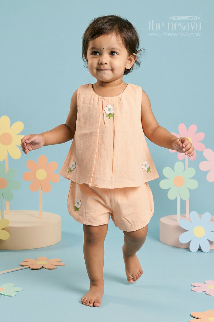 The Nesavu Baby Casual Sets Baby Girl Cotton Co Ord Set for Casual Outings and Playtime Nesavu 18 (2Y) / Peach / Cotton BFJ984B-18 Nesavu baby girl cotton co ord set for casual outings with thread embroidery breathable comfortable kids wear