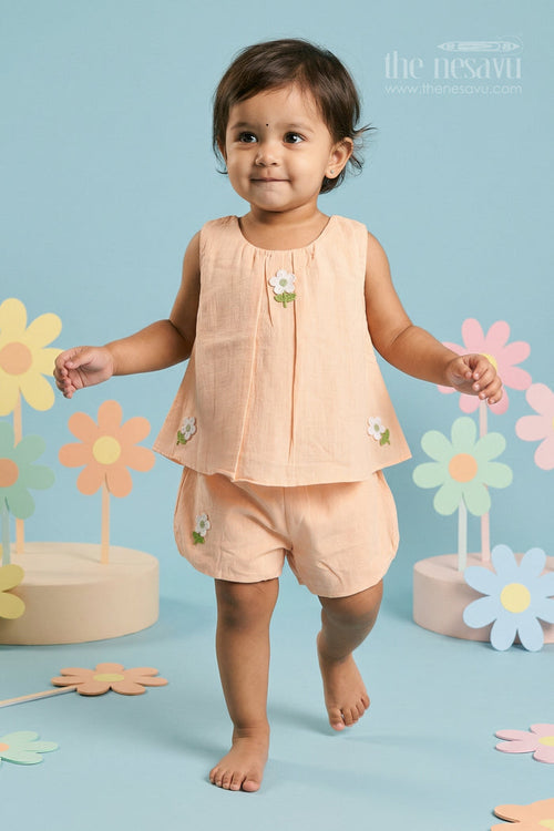 The Nesavu Baby Casual Sets Baby Girl Cotton Co Ord Set for Casual Outings and Playtime Nesavu 18 (2Y) / Peach / Cotton BFJ984B-18 Nesavu baby girl cotton co ord set for casual outings with thread embroidery breathable comfortable kids wear