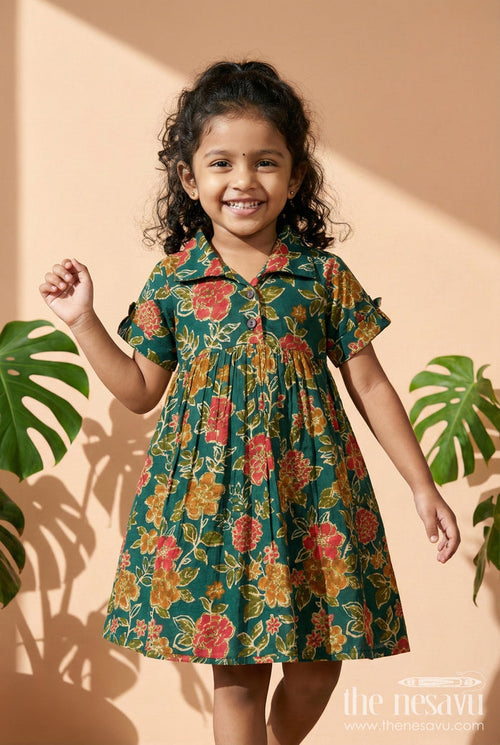 The Nesavu Girls Cotton Frock Baby Girl Cotton Frock for Casual Festive Wear and Weekends Nesavu 16 (1Y) / Multicolor GFC2042B-16 Nesavu baby girl cotton frock with multicolor floral print and collar – perfect for festive weekends