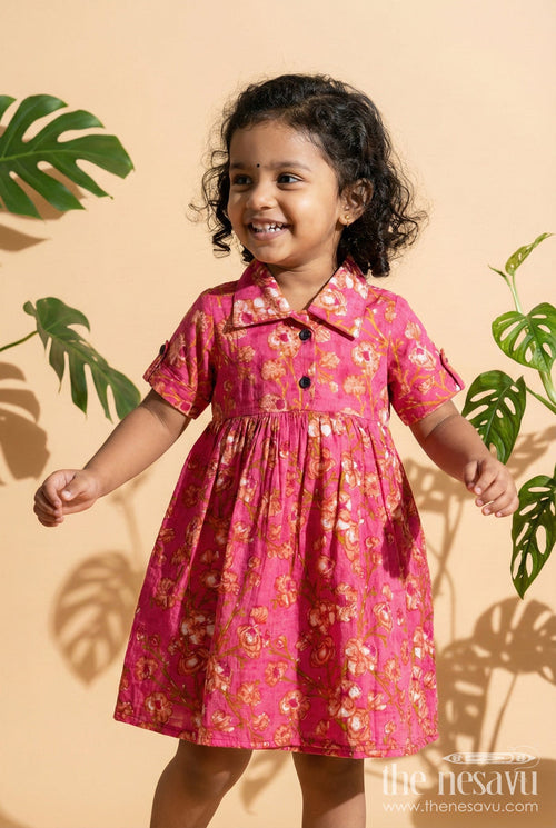 The Nesavu Girls Cotton Frock Baby Girl Cotton Frock for Casual Outings and Everyday Play Nesavu 16 (1Y) / Pink GFC2036A-16 Nesavu baby girl cotton frock with floral print – comfortable everyday outfit for play and outings