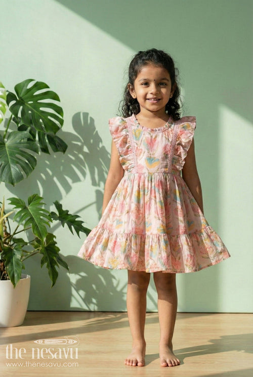 The Nesavu Girls Cotton Frock Baby Girl Cotton Frock for Casual Outings and Playdates Nesavu 18 (2Y) / Pink / Modal GFC2081A-18 Nesavu baby girl cotton frock with floral print and ruffles for everyday wear