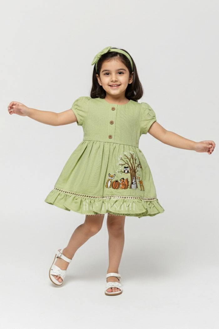 The Nesavu Girls Cotton Frock Baby Girl Cotton Frock for Casual Wear and Playtime Nesavu 16 (1Y) / Green GFC1913A-16 Nesavu baby girl cotton frock embroidered motifs casual outings playtime wear