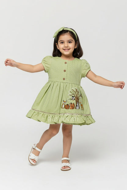 The Nesavu Girls Cotton Frock Baby Girl Cotton Frock for Casual Wear and Playtime Nesavu 16 (1Y) / Green GFC1913A-16 Nesavu baby girl cotton frock embroidered motifs casual outings playtime wear