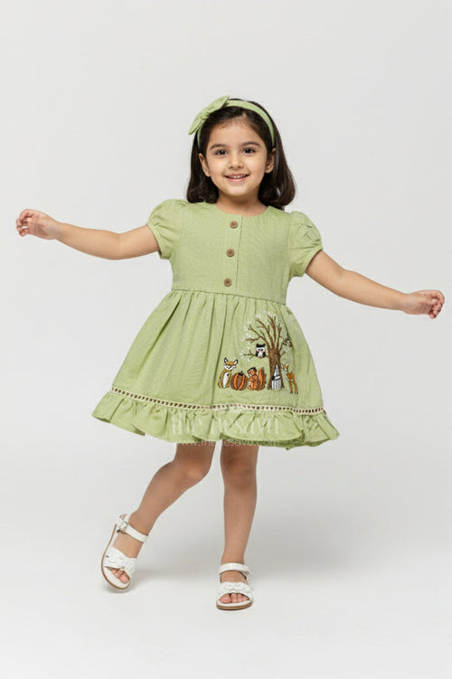 The Nesavu Girls Cotton Frock Baby Girl Cotton Frock for Casual Wear and Playtime Nesavu 16 (1Y) / Green GFC1913A-16 Nesavu baby girl cotton frock embroidered motifs casual outings playtime wear