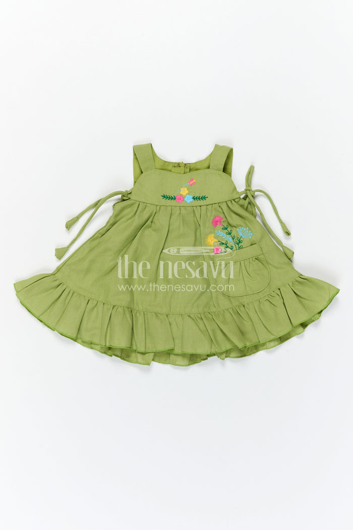 The Nesavu Baby Frocks Baby Girl Cotton Frock for Daily Wear and Casual Outings Nesavu Nesavu Baby Girl Green Cotton Frock With Thread Embroidery And Frill Hem For Daily Wear And Casual Outings