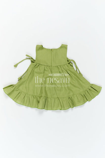 The Nesavu Baby Frocks Baby Girl Cotton Frock for Daily Wear and Casual Outings Nesavu Nesavu Baby Girl Green Cotton Frock With Thread Embroidery And Frill Hem For Daily Wear And Casual Outings