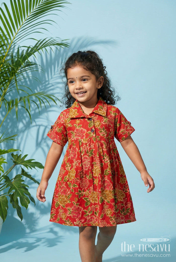 The Nesavu Girls Cotton Frock Baby Girl Cotton Frock for Everyday Festive Charm Nesavu 16 (1Y) / Orange GFC2042A-16 Nesavu baby girl cotton frock in orange with floral digital print for festive and casual days