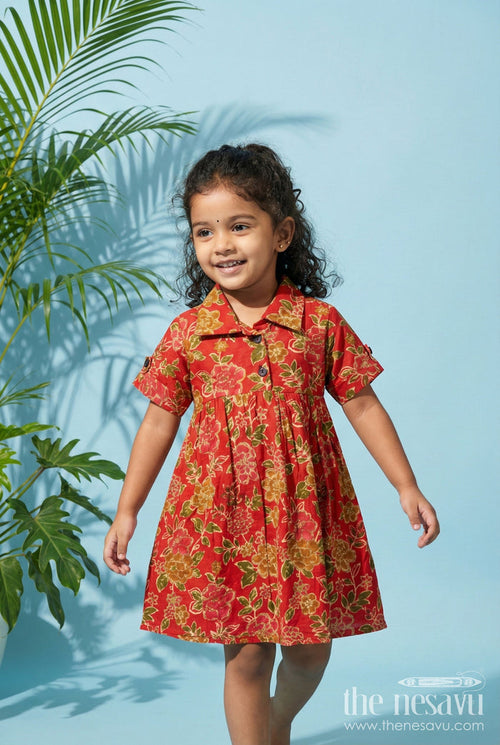 The Nesavu Girls Cotton Frock Baby Girl Cotton Frock for Everyday Festive Charm Nesavu 16 (1Y) / Orange GFC2042A-16 Nesavu baby girl cotton frock in orange with floral digital print for festive and casual days