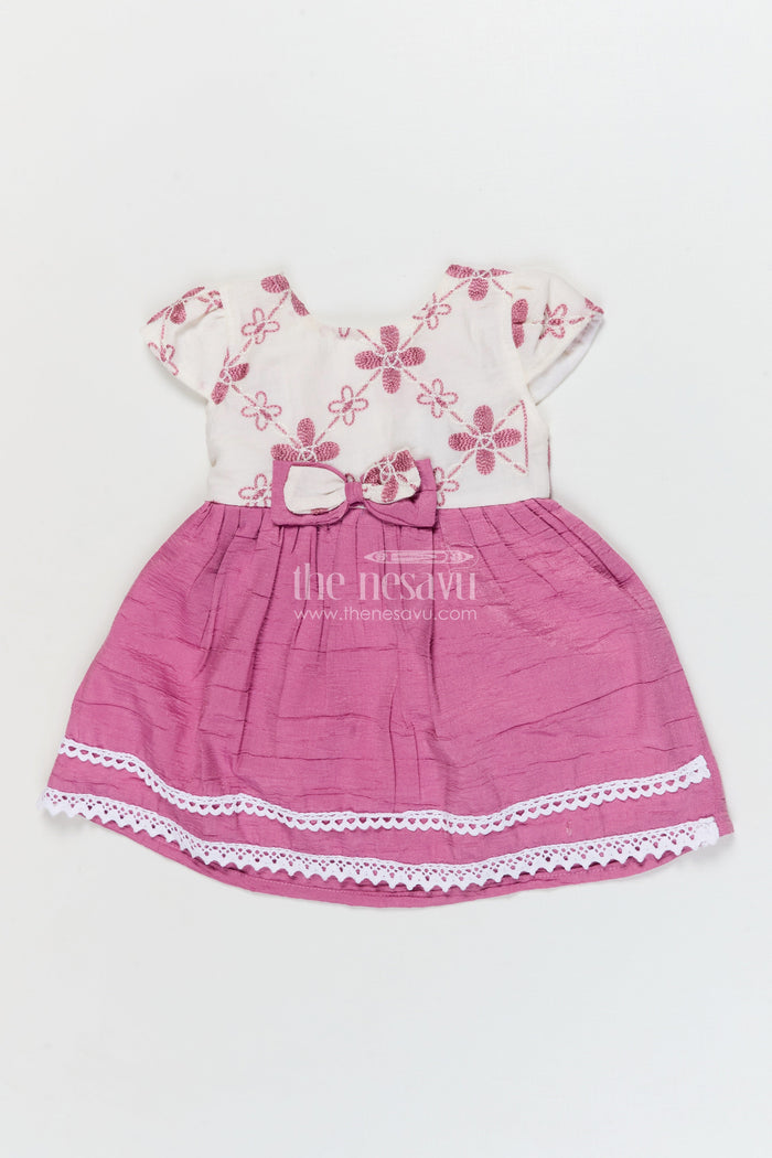 The Nesavu Baby Cotton Frocks Baby Girl Cotton Frock for Family Outings and Casual Celebrations Nesavu 14 (6M) / Pink / Cotton BFJ923B-14 Nesavu cotton frock for baby girls with floral embroidery and lace trim – ideal for family functions