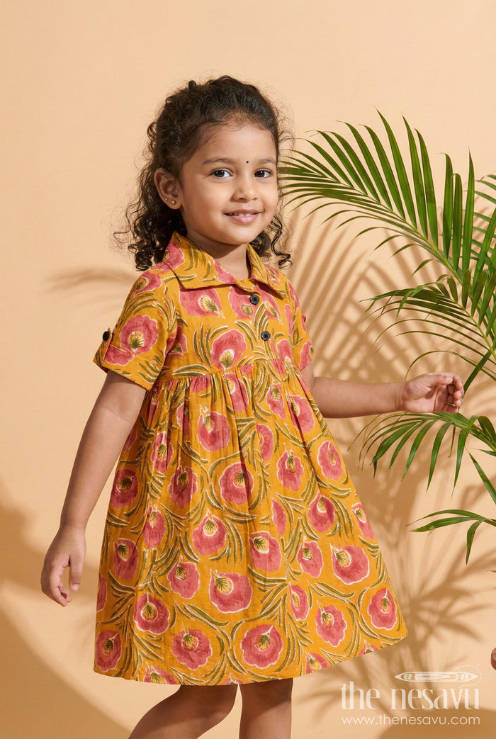 The Nesavu Girls Cotton Frock Baby Girl Cotton Frock for Festive Mornings and School Events Nesavu 16 (1Y) / Yellow GFC2043A-16 Nesavu yellow cotton frock for baby girls with collar and floral print – ideal for school and festive events