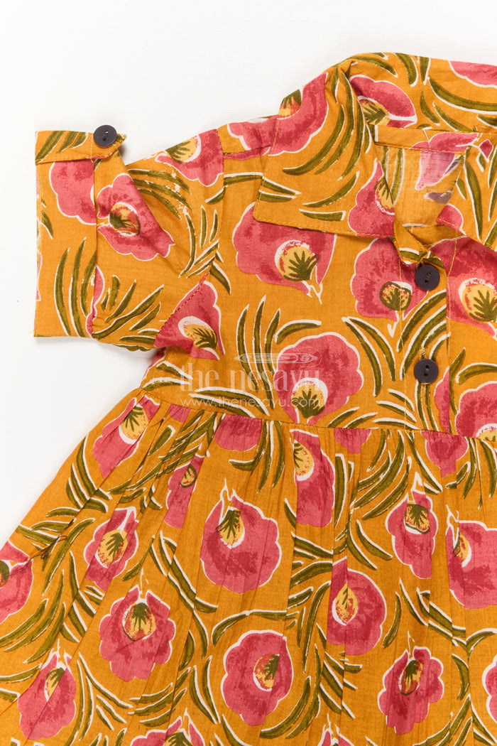 The Nesavu Girls Cotton Frock Baby Girl Cotton Frock for Festive Mornings and School Events Nesavu Nesavu yellow cotton frock for baby girls with collar and floral print – ideal for school and festive events