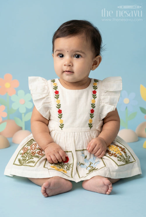 The Nesavu Baby Cotton Frocks Baby Girl Cotton Frock for Festive Wear and Small Functions Nesavu 14 (6M) / Cream / Cotton BFJ1006A-14 Nesavu Baby Girl Cotton Frock For Festive Wear With Thread Embroidery Sleeveless Ethnic Style Dress