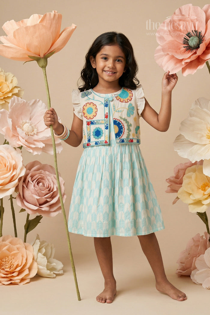 The Nesavu Girls Cotton Frock Baby Girl Cotton Frock for Outings and Casual Celebrations Nesavu 20 (3Y) / Turquoise / Cotton GFC2163B-20 Nesavu baby girl cotton frock with thread embroidery and layered design for outings and casual wear