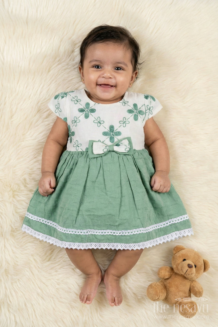 The Nesavu Baby Cotton Frocks Baby Girl Cotton Frock for Park Visits and Everyday Wear Nesavu 14 (6M) / Green / Cotton BFJ923A-14 Nesavu short-sleeved cotton frock for baby girls with floral embroidery and lace trim