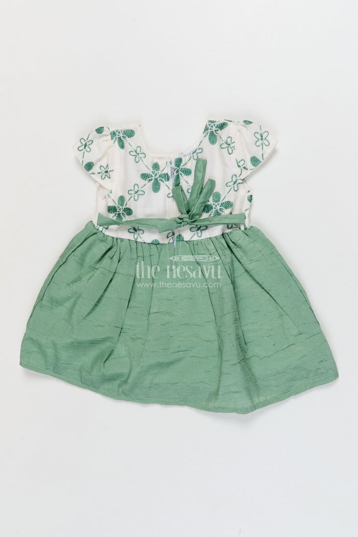 The Nesavu Baby Cotton Frocks Baby Girl Cotton Frock for Park Visits and Everyday Wear Nesavu 14 (6M) / Green / Cotton BFJ923A-14 Nesavu short-sleeved cotton frock for baby girls with floral embroidery and lace trim