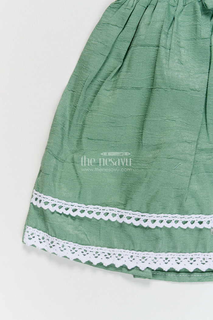 The Nesavu Baby Cotton Frocks Baby Girl Cotton Frock for Park Visits and Everyday Wear Nesavu 14 (6M) / Green / Cotton BFJ923A-14 Nesavu short-sleeved cotton frock for baby girls with floral embroidery and lace trim