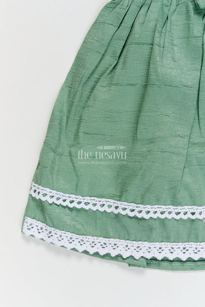 The Nesavu Baby Cotton Frocks Baby Girl Cotton Frock for Park Visits and Everyday Wear Nesavu 14 (6M) / Green / Cotton BFJ923A-14 Nesavu short-sleeved cotton frock for baby girls with floral embroidery and lace trim