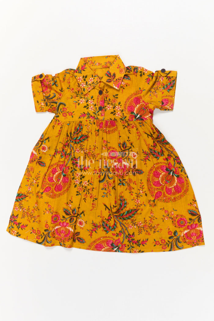 The Nesavu Girls Cotton Frock Baby Girl Cotton Frock for School Functions and Casual Festive Wear Nesavu 16 (1Y) / Yellow GFC2060A-16 Nesavu yellow cotton frock for baby girls with collar and floral print – ideal for festive school wear