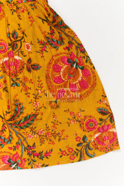 The Nesavu Girls Cotton Frock Baby Girl Cotton Frock for School Functions and Casual Festive Wear Nesavu Nesavu yellow cotton frock for baby girls with collar and floral print – ideal for festive school wear