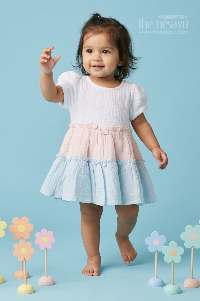 The Nesavu Baby Cotton Frocks Baby Girl Cotton Frock for Summer Outings and Baby Pictures Nesavu 16 (1Y) / Multicolor / Muslin Cotton BFJ979A-16 Nesavu baby girl muslin cotton frock for summer outings and baby photos with layered design