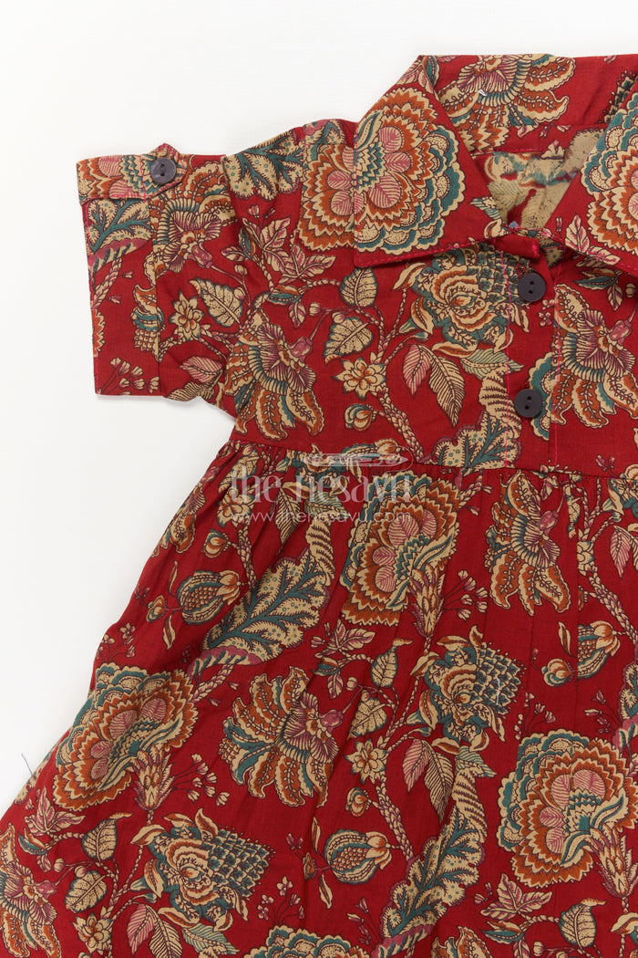 The Nesavu Girls Cotton Frock Baby Girl Cotton Frock for Traditional Occasions and Family Get-togethers Nesavu Nesavu maroon cotton frock for baby girls with floral print and collar – perfect for festive family moments