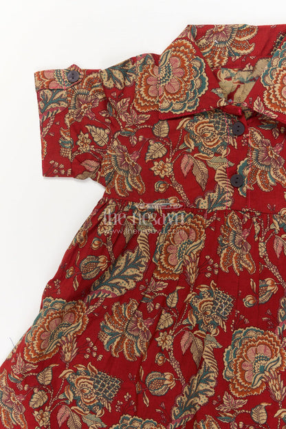 The Nesavu Girls Cotton Frock Baby Girl Cotton Frock for Traditional Occasions and Family Get-togethers Nesavu Nesavu maroon cotton frock for baby girls with floral print and collar – perfect for festive family moments