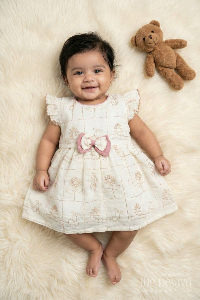 The Nesavu Baby Cotton Frocks Baby Girl Cotton Frock with Bow and Floral Embroidery for Special Moments Nesavu 14 (6M) / Cream / Cotton Blend BFJ911B-14 Nesavu embroidered cotton frock for baby girls with bow detail and festive-ready design