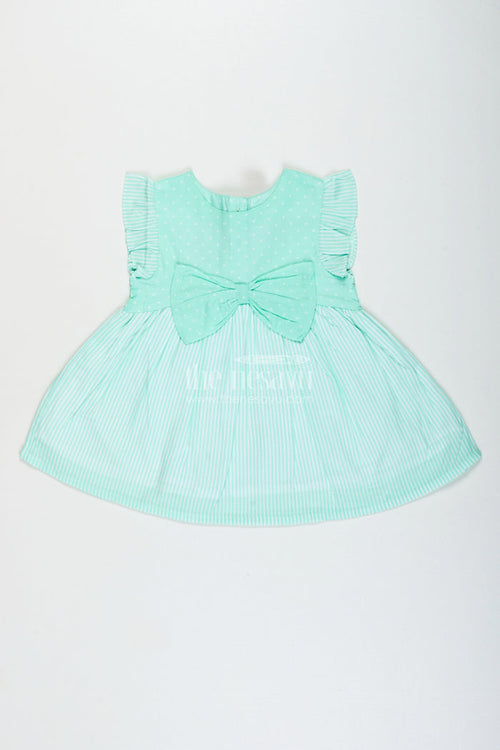 The Nesavu Girls Cotton Frock Baby Girl Cotton Frock with Bow Detail for Birthdays and Playdates Nesavu 10 (NB) / Green GFC1924A-10 Nesavu baby girl cotton frock bow stripe pattern  perfect playdates casual parties