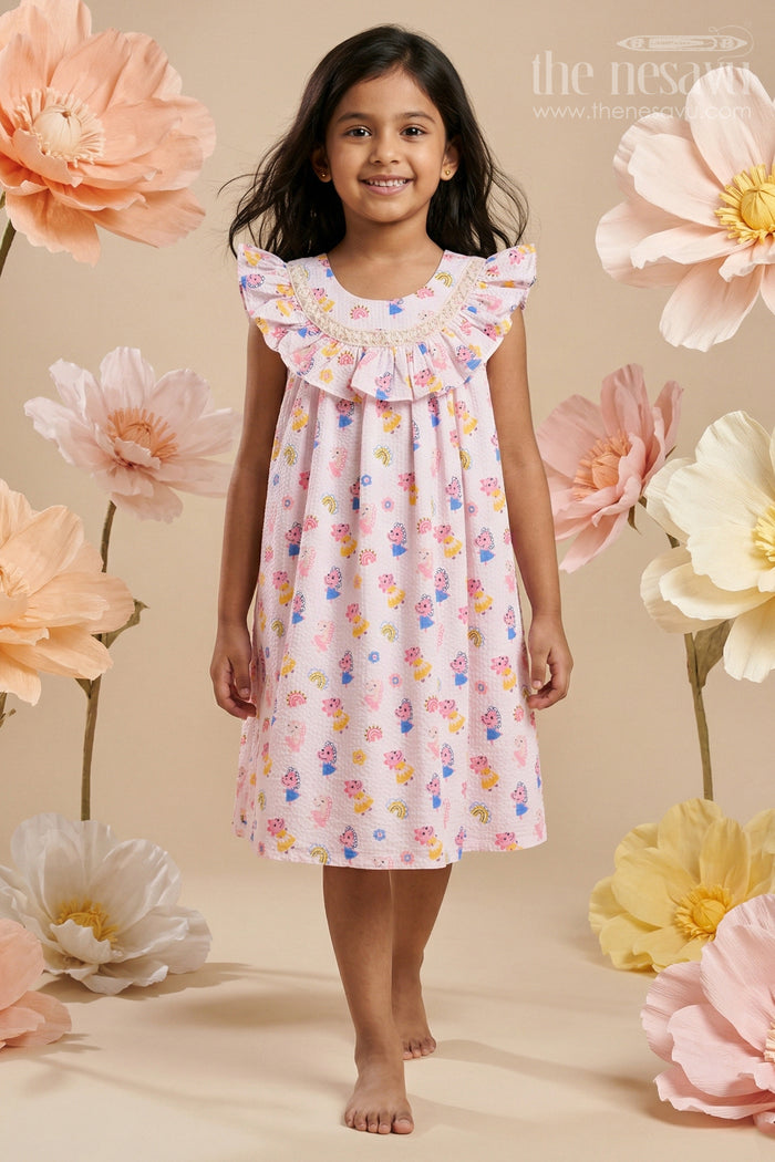 Baby Girl Cotton Frock with Cartoon Print for Daycare and Casual Wear