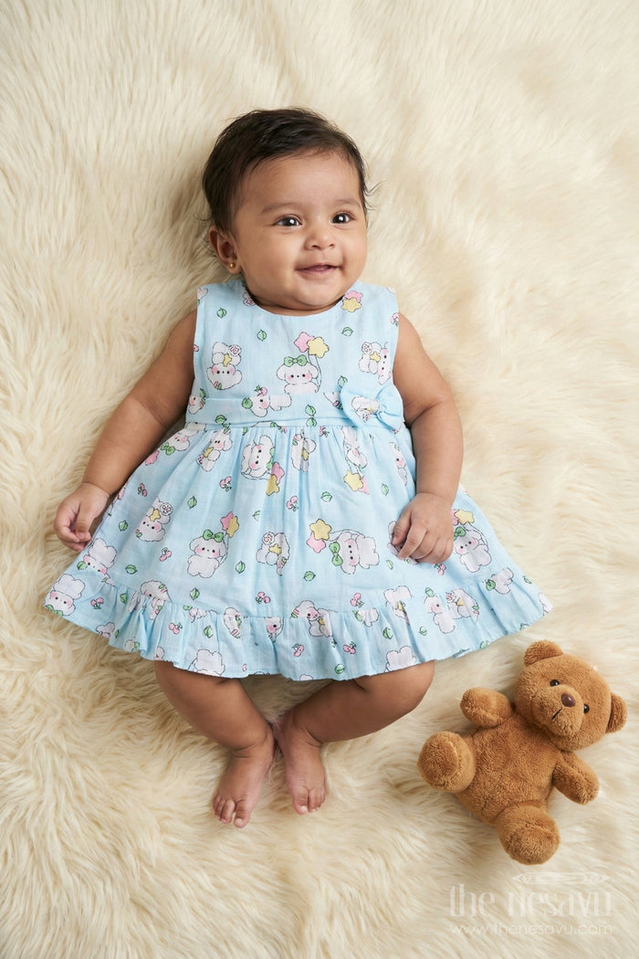The Nesavu Baby Cotton Frocks Baby Girl Cotton Frock with Cartoon Print for Playtime and Daycare Nesavu 14 (6M) / Blue BFJ905A-14 Nesavu baby girl cotton frock with cartoon print for playgroup, daycare, and casual wear