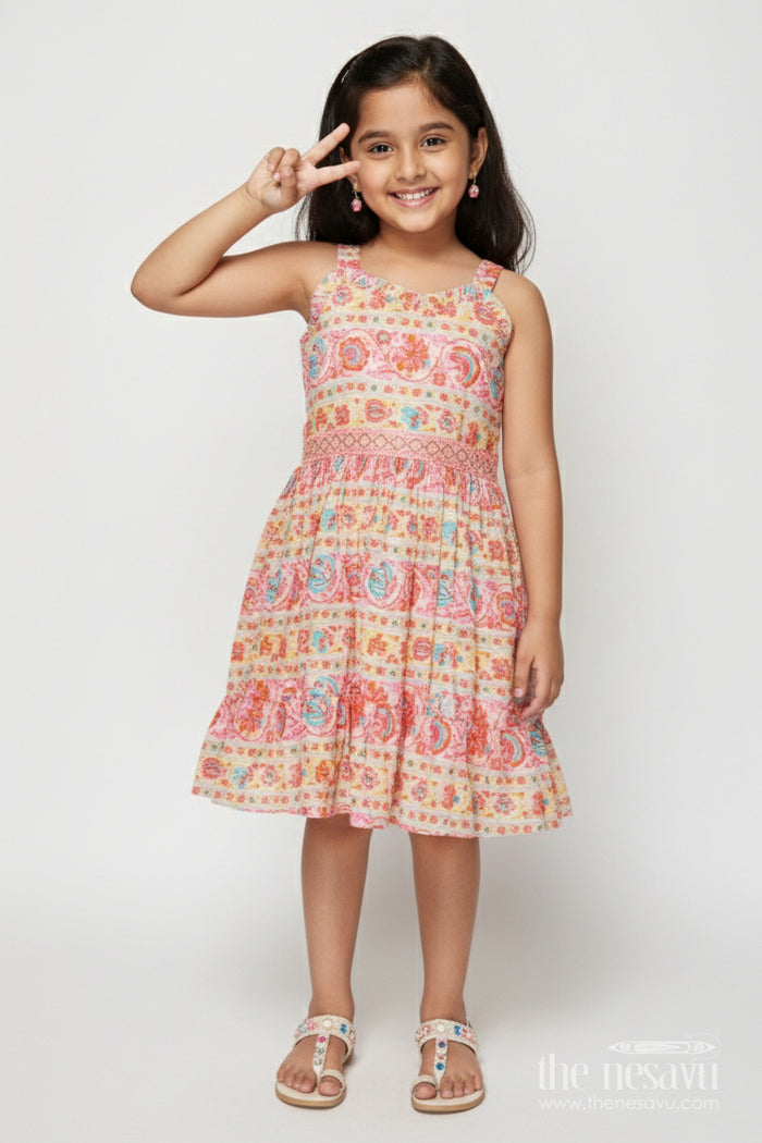 The Nesavu Girls Cotton Frock Baby Girl Cotton Frock with Festive Prints for Family Gatherings Nesavu 18 (2Y) / Multicolor GFC2022A-18 Nesavu baby girl cotton frock with traditional digital print for festive celebrations