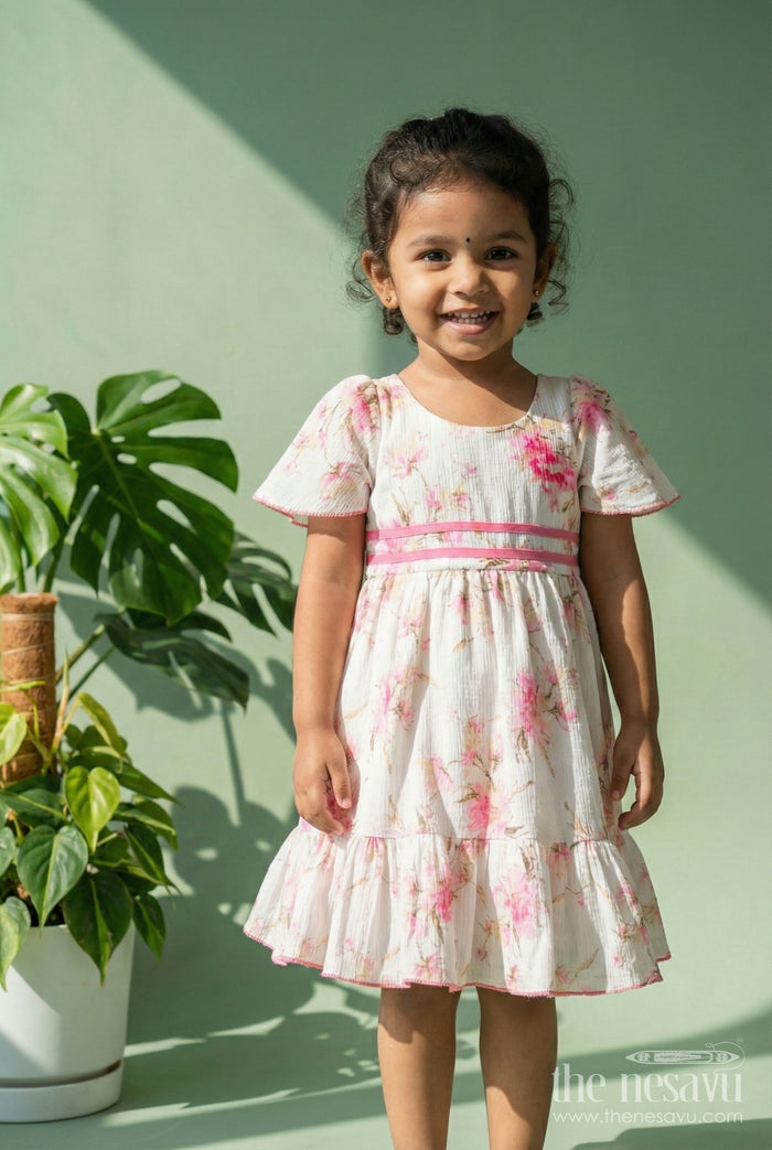 The Nesavu Girls Cotton Frock Baby Girl Cotton Frock with Pink Floral Print for Casual Wear Nesavu 20 (3Y) / Half white GFC1948A-20 Nesavu baby girl cotton frock with pink floral print lightweight outfit for casual summer days
