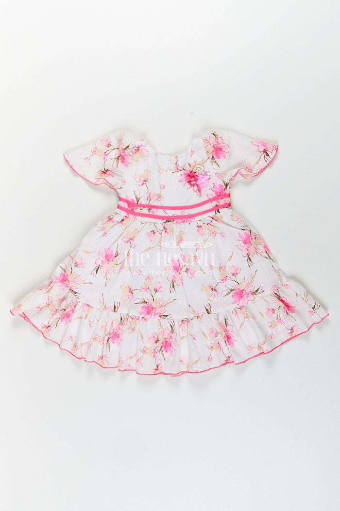 The Nesavu Girls Cotton Frock Baby girl cotton frock with pink floral print for casual wear Nesavu 20 (3Y) / Half white GFC1948A-20 Nesavu baby girl cotton frock with pink floral print lightweight outfit for casual summer days