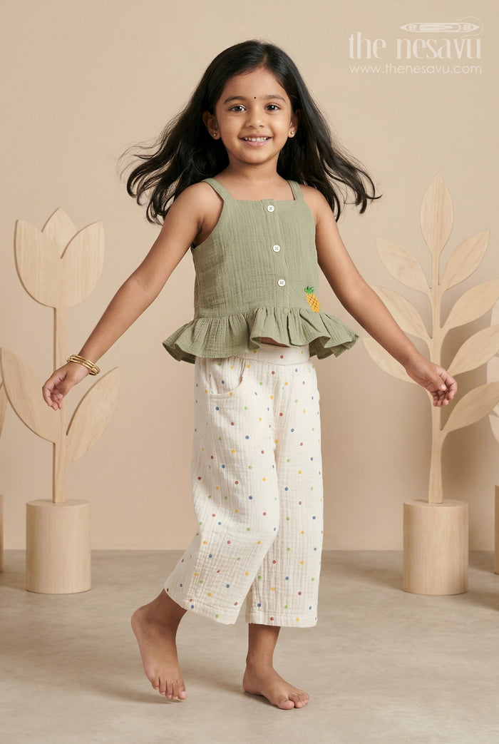 The Nesavu Baby Casual Sets Baby Girl Cotton Outfit Set for Daily Wear and Playtime Nesavu 16 (1Y) / Green / Muslin Cotton GPS1041B-16 Nesavu Baby Girl Muslin Cotton Casual Outfit Set With Sleeveless Top And Printed Pants For Daily Comfort