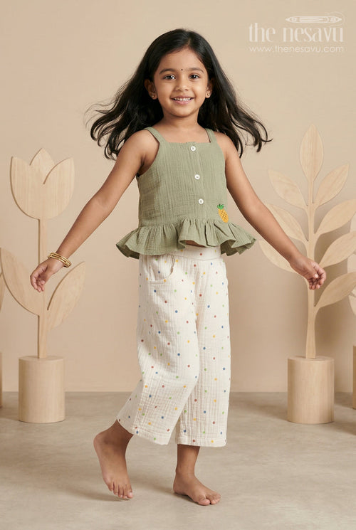 The Nesavu Baby Casual Sets Baby Girl Cotton Outfit Set for Daily Wear and Playtime Nesavu 16 (1Y) / Green / Muslin Cotton GPS1041B-16 Nesavu Baby Girl Muslin Cotton Casual Outfit Set With Sleeveless Top And Printed Pants For Daily Comfort