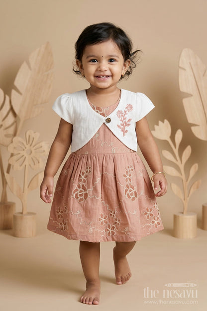 The Nesavu Baby Fancy Frock Baby Girl Embroidered Party Frock for Birthdays and Family Celebrations Nesavu 14 (6M) / Brown / Cotton BFJ961A-14 Nesavu baby girl embroidered party frock with jacket style design for birthdays and celebrations