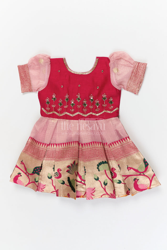 The Nesavu Silk Frock Baby Girl Ethnic Frock for Festive Family Functions and Photos Nesavu 16 (1Y) / Red / Silk Blend SF1125B-16 Nesavu baby girl ethnic silk frock with zari border for weddings, birthdays, and festive photos
