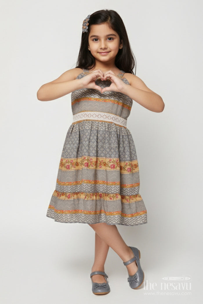 The Nesavu Girls Cotton Frock Baby Girl Ethnic Frock with Shoulder Straps and Festive Print for Special Occasions Nesavu 18 (2Y) / Gray GFC2020B-18 Nesavu baby girl ethnic printed frock with straps and flared layers for festive moments