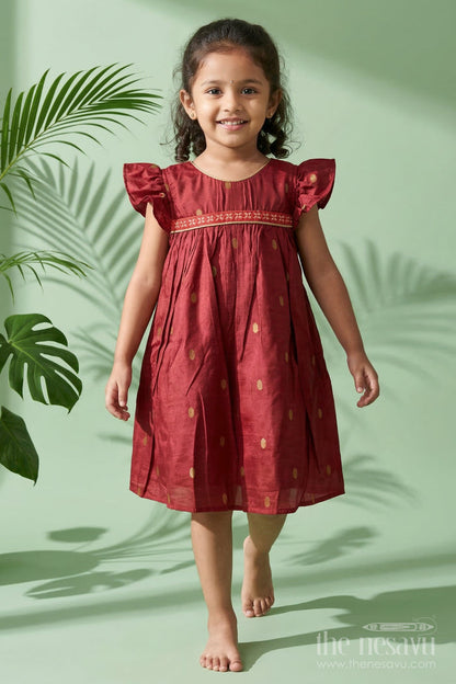 The Nesavu Girls Chanderi Frock Baby Girl Festive Frock for Birthday Parties and Poojas Nesavu 20 (3Y) / Red / Viscose Silk GFC2101A-20 Nesavu baby girl festive silk frock with golden butti for birthdays and pooja celebrations