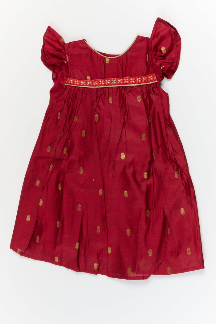 The Nesavu Girls Chanderi Frock Baby Girl Festive Frock for Birthday Parties and Poojas Nesavu 20 (3Y) / Red / Viscose Silk GFC2101A-20 Nesavu baby girl festive silk frock with golden butti for birthdays and pooja celebrations
