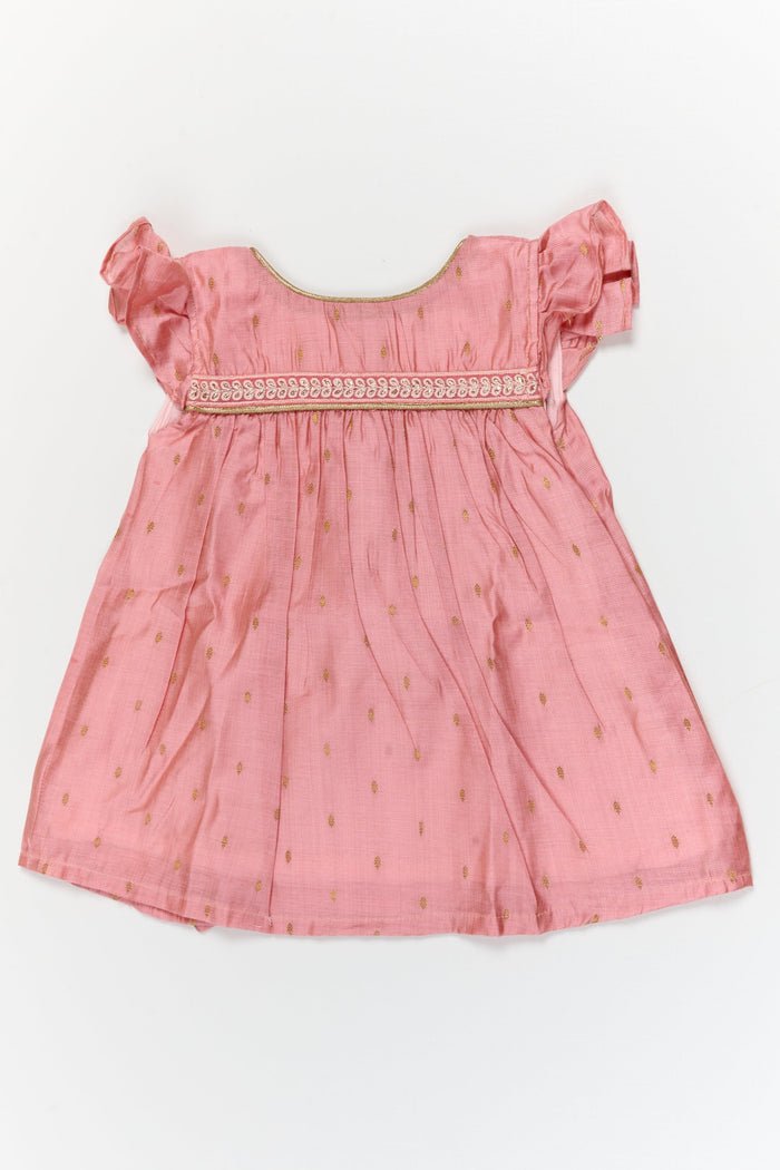 The Nesavu Girls Chanderi Frock Baby Girl Festive Frock for Birthdays and Special Events Nesavu 14 (6M) / Pink / Viscose Silk GFC2100B-14 Nesavu baby girl festive frock in viscose silk with butti design for birthdays and traditional functions