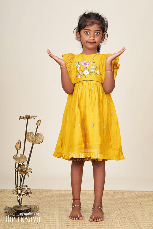 The Nesavu Girls Chanderi Frock Baby girl festive frock with bird embroidery for functions and parties Nesavu 16 (1Y) / Yellow GFC1938A-16 Nesavu baby girl festive frock bird floral embroidery birthdays ethnic events