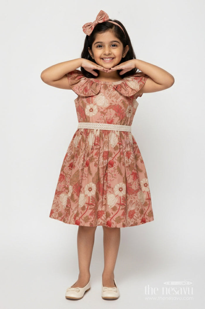The Nesavu Girls Cotton Frock Baby Girl Frock for Casual Days and Playful Twirls Nesavu 18 (2Y) / Orange GFC2018A-18 Nesavu baby girl cotton frock with floral print and lace detail for playful casual wear
