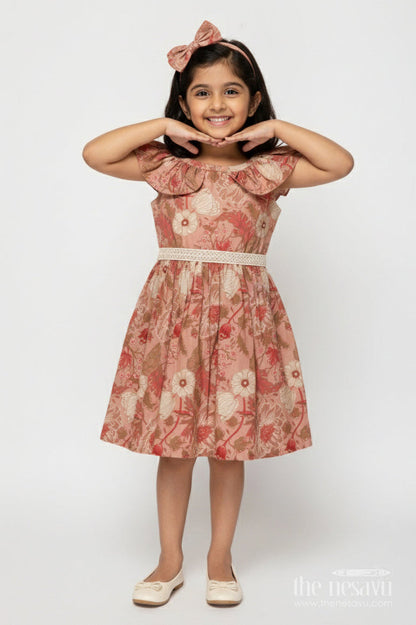The Nesavu Girls Cotton Frock Baby Girl Frock for Casual Days and Playful Twirls Nesavu 18 (2Y) / Orange GFC2018A-18 Nesavu baby girl cotton frock with floral print and lace detail for playful casual wear