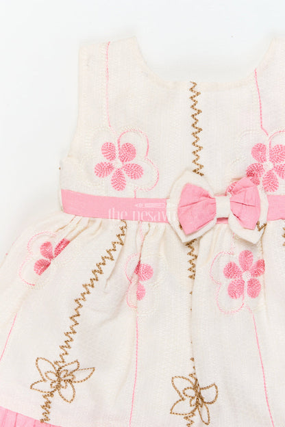 The Nesavu Baby Cotton Frocks Baby Girl Frock for Everyday Wear and Playdates Nesavu 14 (6M) / Pink / Cotton BFJ924A-14 Nesavu baby girl frock with floral threadwork and ruffle hem – perfect for everyday outings and playdates
