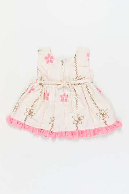 The Nesavu Baby Cotton Frocks Baby Girl Frock for Everyday Wear and Playdates Nesavu 14 (6M) / Pink / Cotton BFJ924A-14 Nesavu baby girl frock with floral threadwork and ruffle hem – perfect for everyday outings and playdates