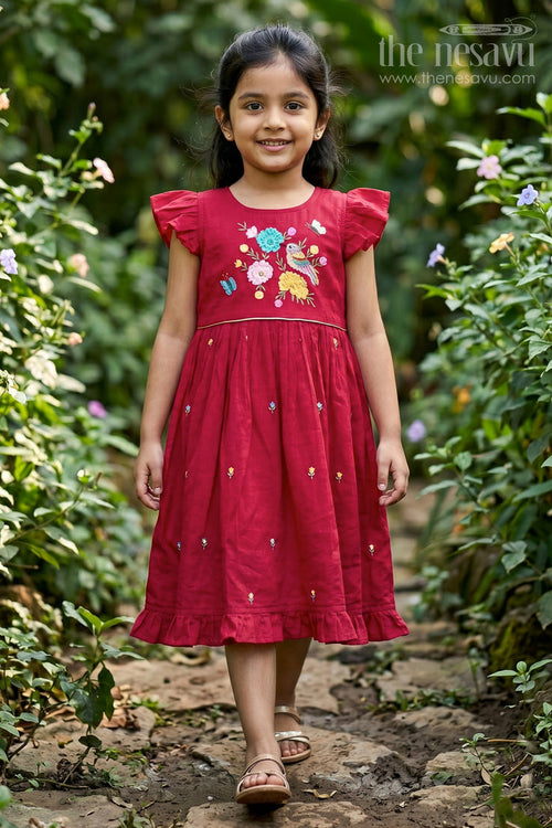 The Nesavu Girls Chanderi Frock Baby Girl Frock for Festive Celebrations and Birthday Moments Nesavu 16 (1Y) / Red / Chanderi GFC2223A-16 Nesavu Baby Girl Chanderi Cotton Frock For Festive Celebrations And Birthday Moments With Embroidery