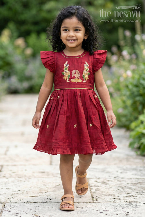 The Nesavu Girls Chanderi Frock Baby Girl Frock for Festive Celebrations and Special Occasions Nesavu 16 (1Y) / Red / Chanderi GFC2240A-16 Nesavu Baby Girl Chanderi Frock For Festive Celebrations With Thread Embroidery And Flared Design