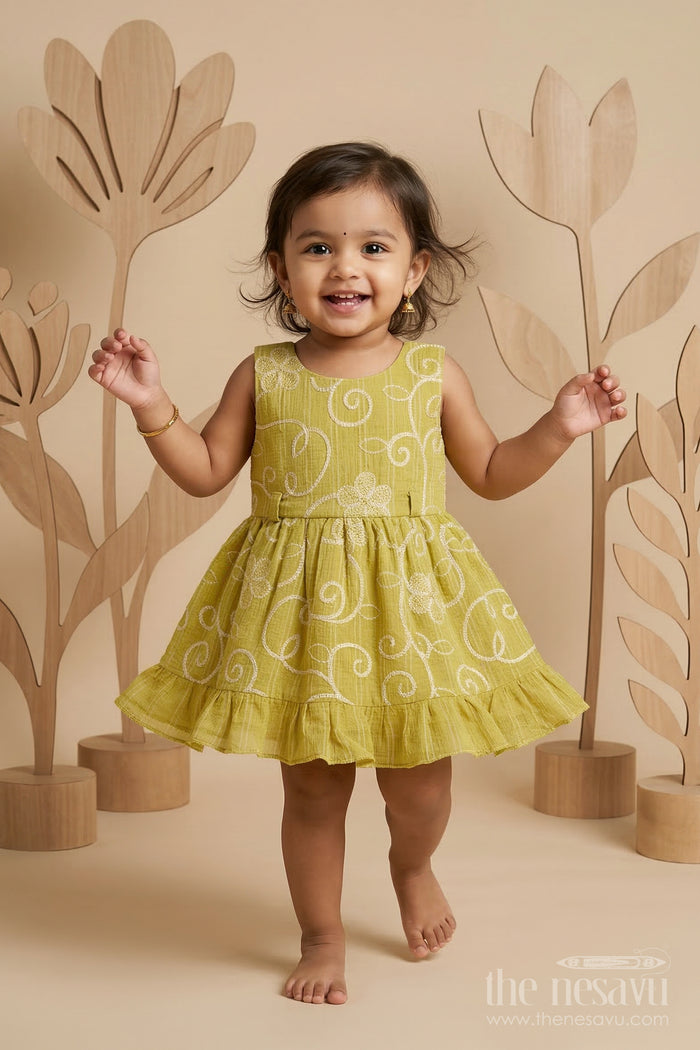 The Nesavu Baby Frocks Baby Girl Frock for Festive Outings and Family Gatherings Nesavu 14 (6M) / Green / Cotton BFJ974B-14 Nesavu baby girl cotton frock for festive outings and celebrations with thread embroidery